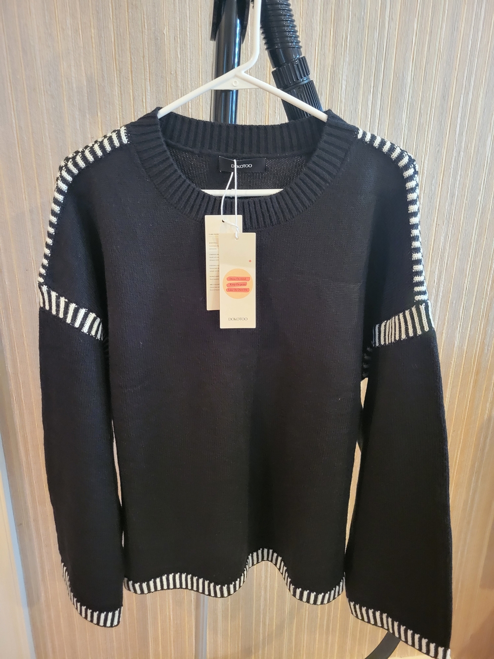 Black Crewneck Sweater with White Contrast Stripe Trim NWT XL